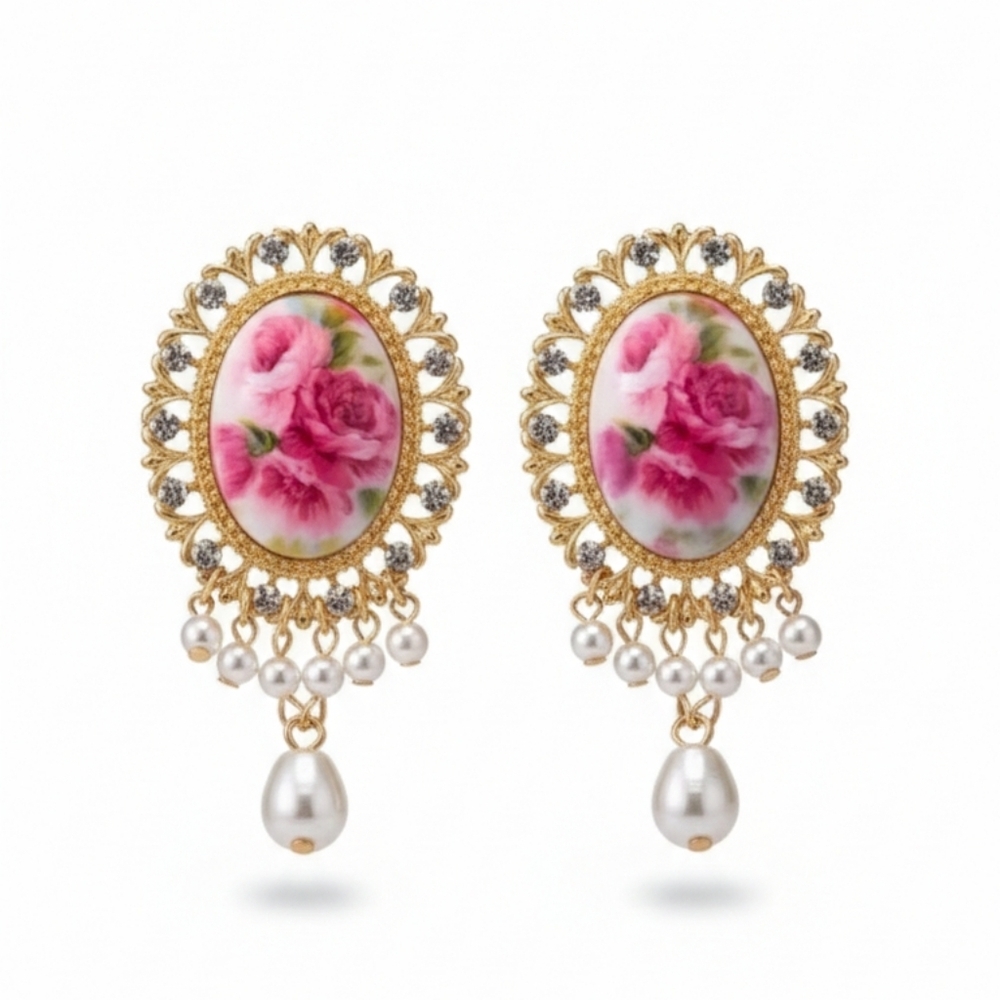 🆕️ Large Elegant Gold and Pink Floral Earrings